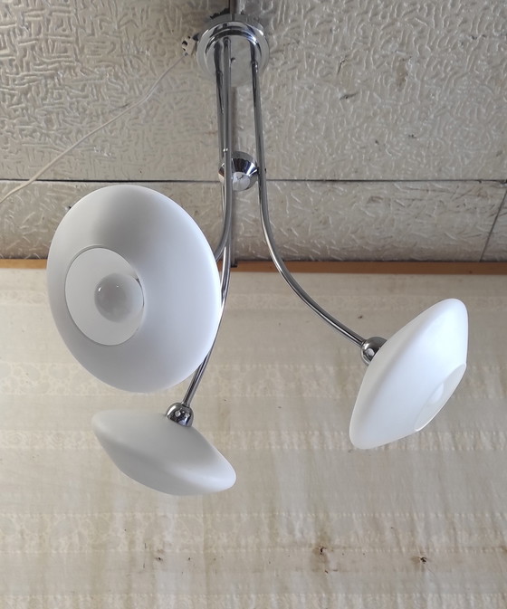 Image 1 of Bauhaus design 3-light chandelier in chromed metal and opaline glass - 1930s/40s