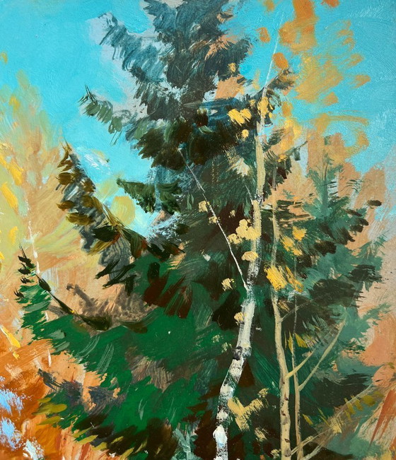 Image 1 of Original Oil Painting Snow Forest Landscape Winter path in the forest