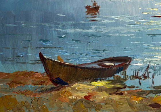Image 1 of Original Oil Painting Summer River Landscape Rays of sun through the clouds