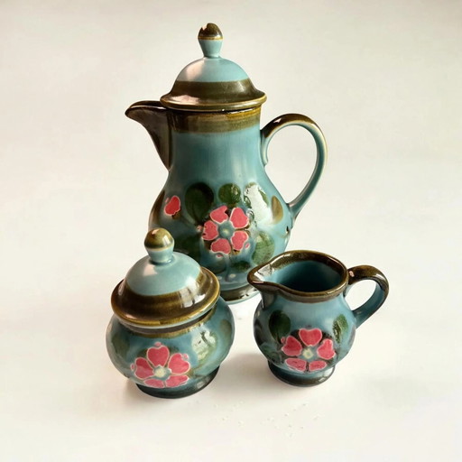 Vintage Sugar Bowl, 8 Large Dinner Plates, SMF Schramberg Garmisch, Majolica, Hand-painted, Kiln-fired 1970