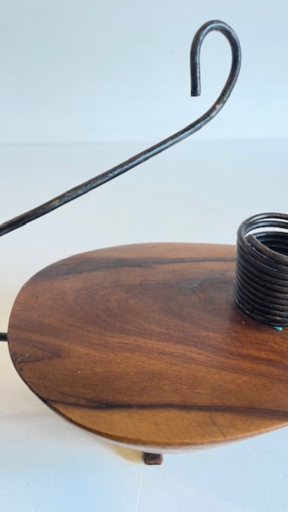 Image 1 of Brutalistische olijfhouten kaarsenhouder vintage