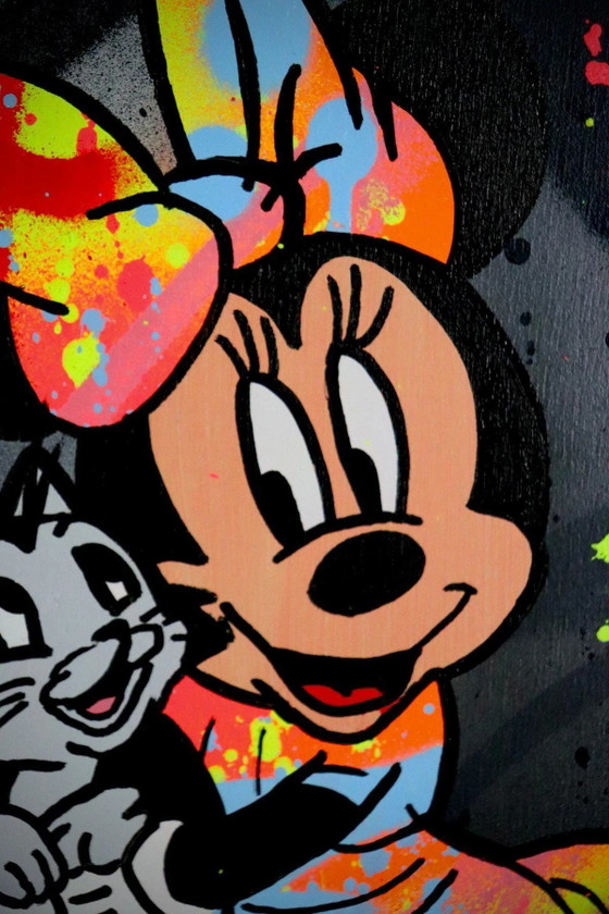 Pop Art Gemälde von Künstler Socrate, Minnie Mouse mit Katze, handsigniert mit Echtheitszertifikat, Unikat (photo 4 of 14)