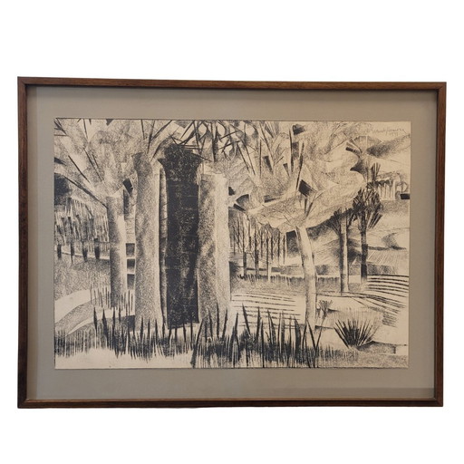 Dibujo A Carboncillo Sobre Papel “Bosque”, Joan Granados Llimona, 1977- España