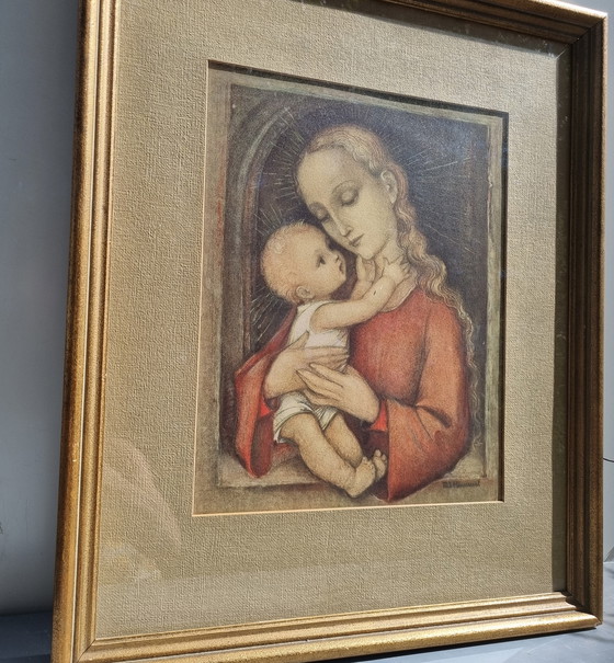 Image 1 of Deutscher Hummel/Goebel-Kunstdruck im Jugendstil: Maria mit Kindern, Kirche, Jesus, Mitte des 20. Jahrhunderts