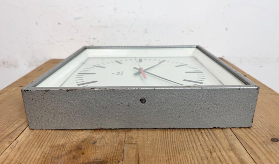 Image 1 of Grey Industrial Square Wall Clock from Pragotron, 1970s