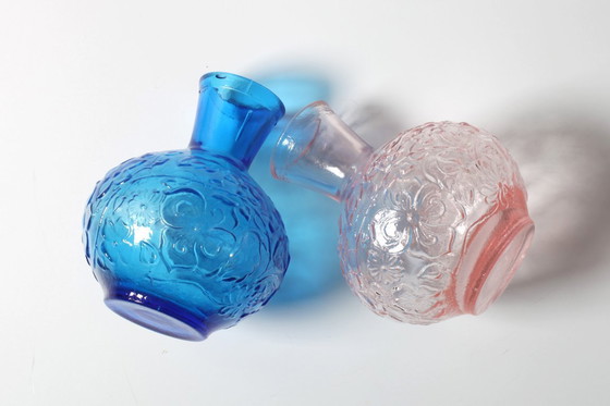 Image 1 of Set of 2 Vintage Pressed Glass Vases, Blue & Pink Floral Set, Italy 1960s