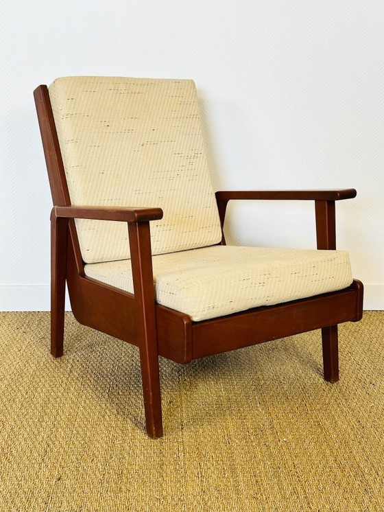 Image 1 of Vintage Scandinavische fauteuil van teakhout en beige textielstof, 1960