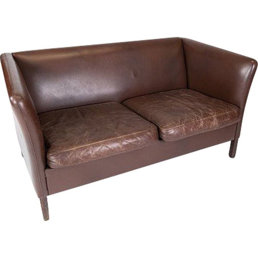 Vintage dark brown leather upholstered 2-seater sofa by Stouby Furniture, Denmark 1960