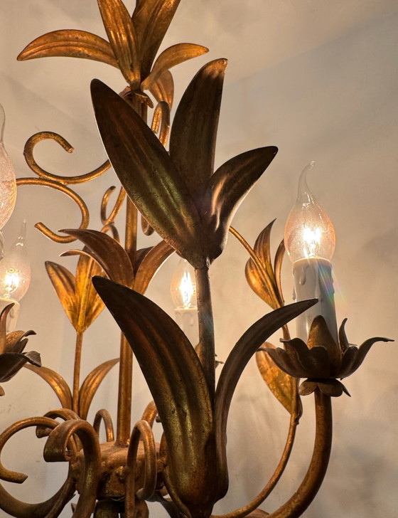 Image 1 of Gouden kroonluchter met palmbladmotief uit de jaren 70