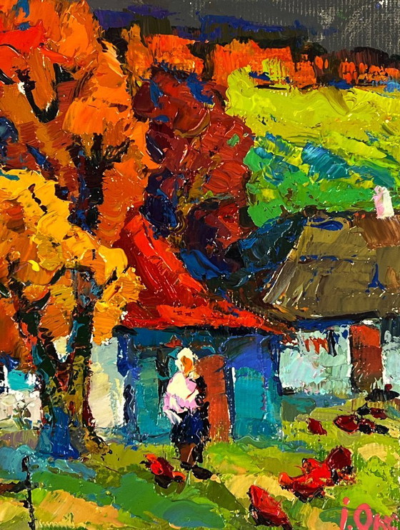 Image 1 of Original Oil Painting Countryside Landscape House Crimson Autumn in the Village