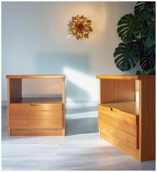 Coppia di comodini in olmo anni '80, design brutalista, stile chalet