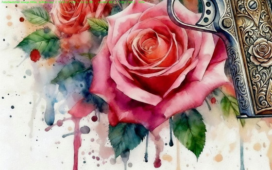 Image 1 of Aquarel op acrylcanvas / Guns and Roses / (60x60 cm)