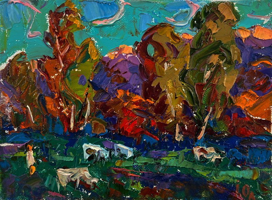 Original Oil Painting Autumn Nature Landscape Evening Forest – Paintings & Drawings, Canvas (photo 3 of 8)