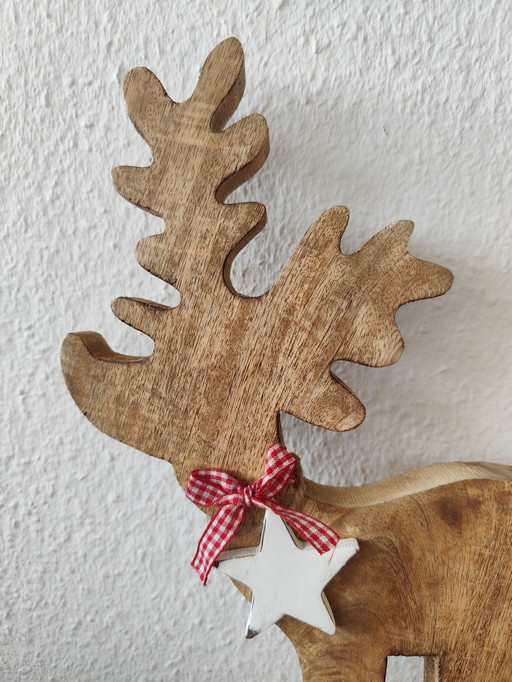 🌲 Cute wooden moose figurine – 40 cm – natural – with bow & star 🌟