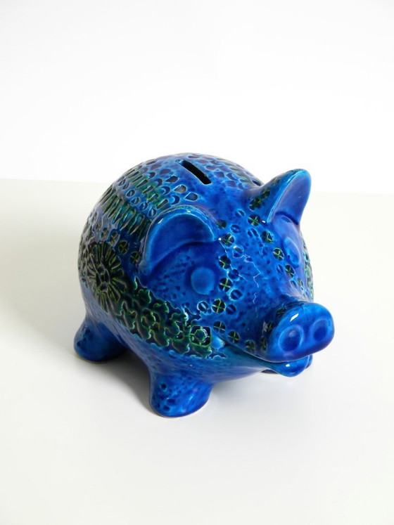 Image 1 of Beautiful 1960s large Rimini Blu ceramic pig money box by Aldo Londi for Bitossi Italy