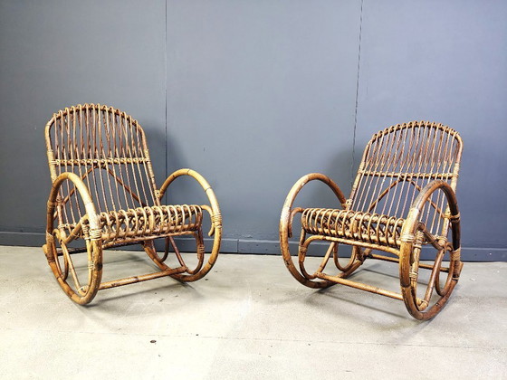Image 1 of Sedie a dondolo vintage in bambù, anni '60 - set di 2