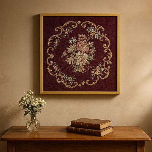 Egyptian Vintage Needlework Tapestry Embroidery Image With Golden Wooden Frame