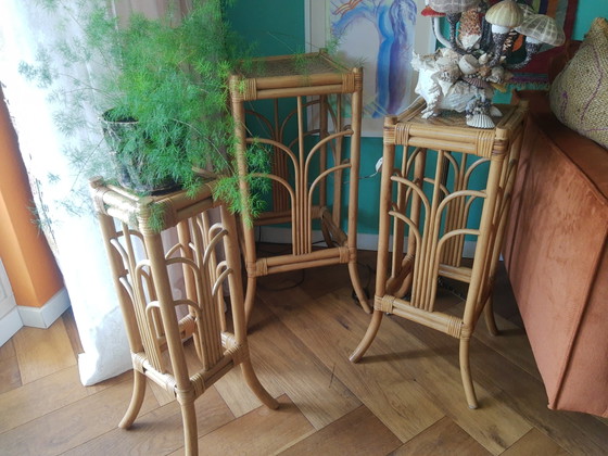 Splendido set vintage italiano anni '70 di 3 tavolini laterali in rattan e bambù, tavolini per piante e (photo 8 of 9)