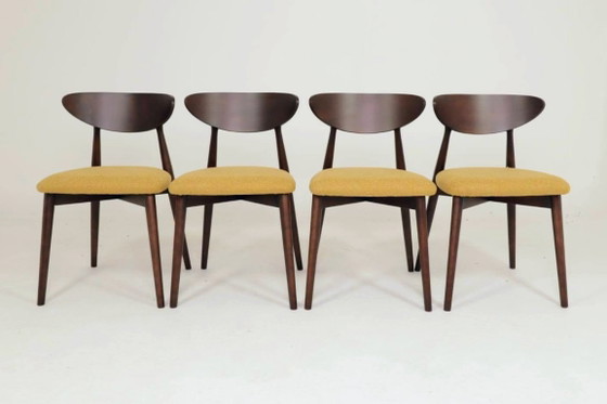 Image 1 of Set moderno di 4 sedie da pranzo, in bouclé color ocra e legno di faggio noce scuro.