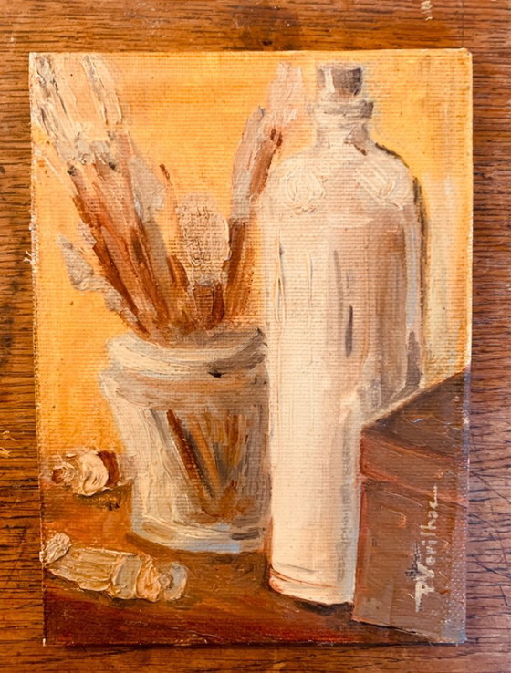 Image 1 of Small oil painting on canvas, still life, "studio"