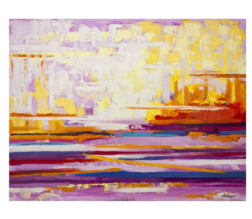 Cuadro al óleo con motivo abstracto. Realizado sobre tabla de madera. Firmado por el autor.