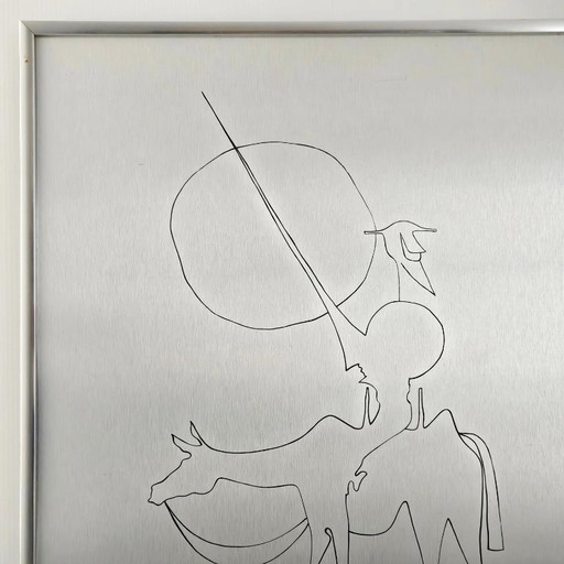 Vintage brushed steel picture, 1970s, Don Quixote, 70s Space Age, 1970s