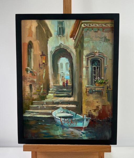 Pintura al óleo original: Paisaje de casas de verano con un barco en medio de las calles de la ciudad.