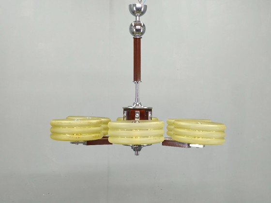 Image 1 of Art Deco Chrome and Walnut Chandelier, Czechoslovakia, 1930s