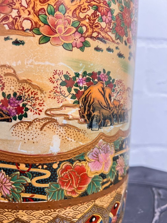 Image 1 of Vintage Satsuma large floor vase umbrella stand Japanese chinoiserie ceramic vase