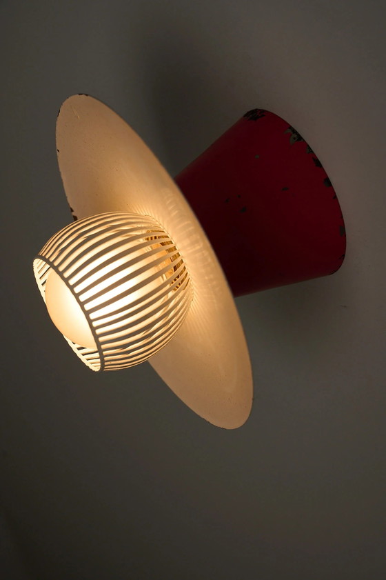 Mid-Century Flush Mount Ceiling Lamp with White Slatted Diffuser, Ceiling lights, Metal, Red (photo 6 of 6)