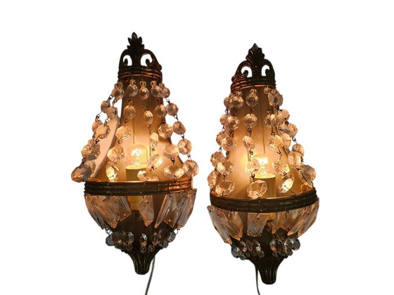 Image 1 of Stile Hollywood Regency - 2 lampade da parete - Dorate - Cristallo - Francia - Anni '60