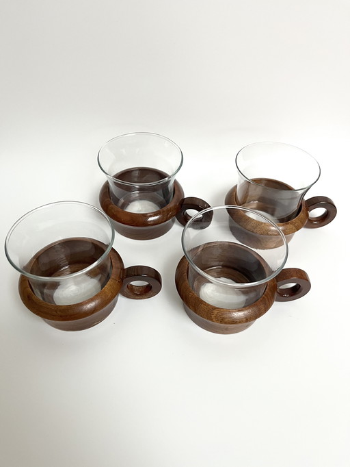 4 Vintage Schott Mainz Jeanner Tassen – Glas & Teakholz – 1960er/70er Jahre