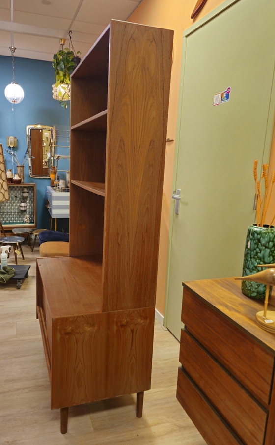 Image 1 of Vintage Danish Teak Highboard Bookcase Sliding Door Cabinet