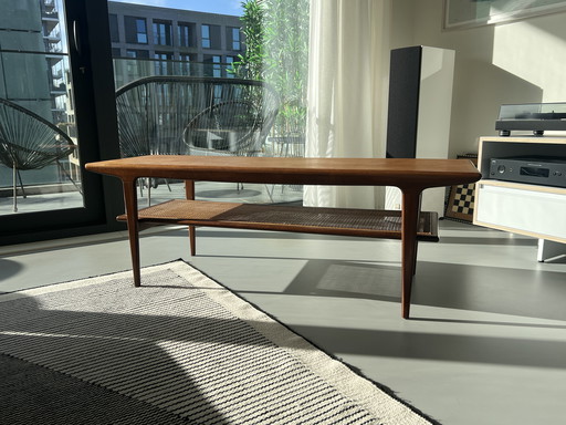 Vintage Mid-Century Teak Coffee Table with Rattan Base