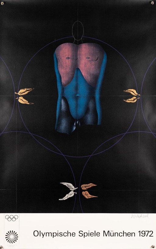 Olympia 1972 – Original Vintage Lithograph Poster by Paul Wunderlich – Mid-Century Modern – 102x64 cm