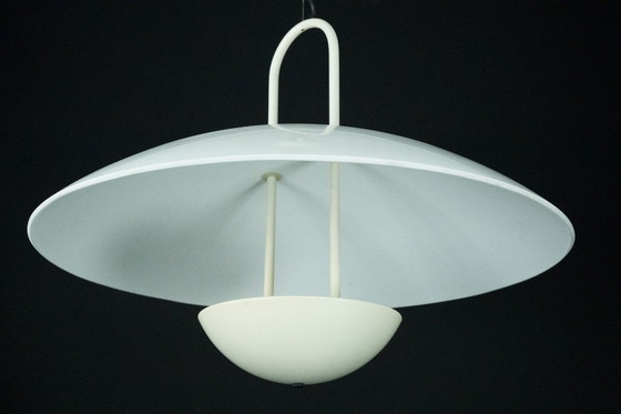 Image 1 of Vintage 1990s White Pendant Lamp with Glass Top Shade. Italy