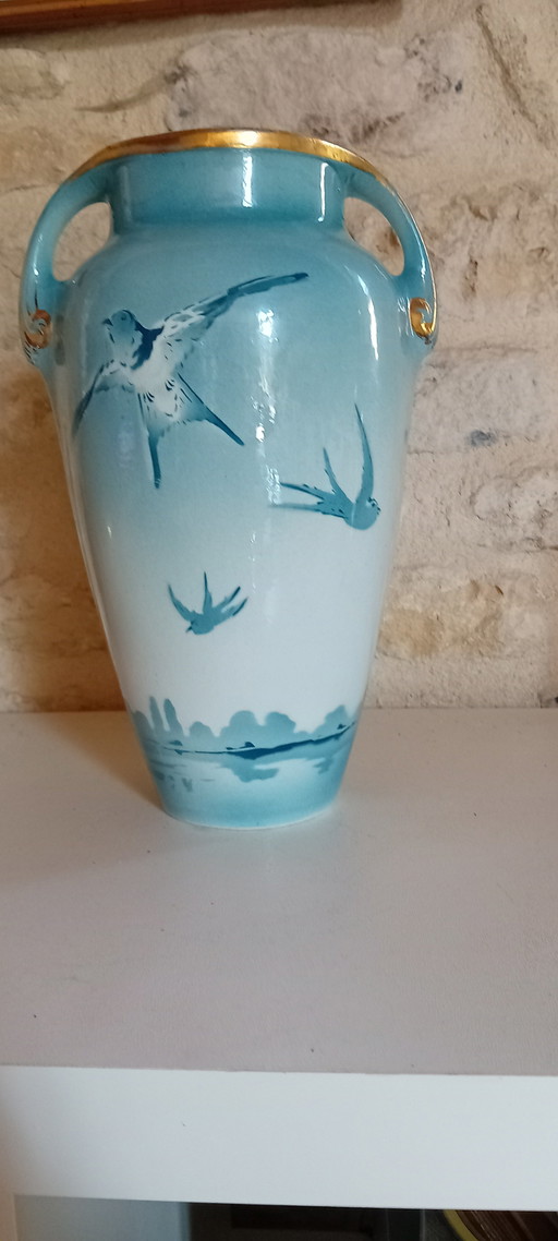 Art Nouveau Japanese-style vase with swallows - Keller & Guerin Lunéville - Circa 1900.