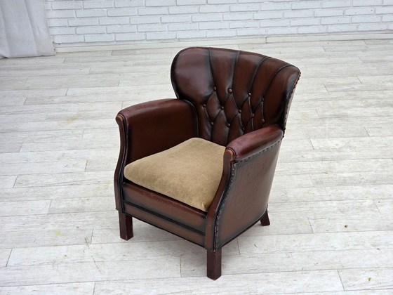 Image 1 of 1930s, Danish armchair, brown furniture leather, velour.