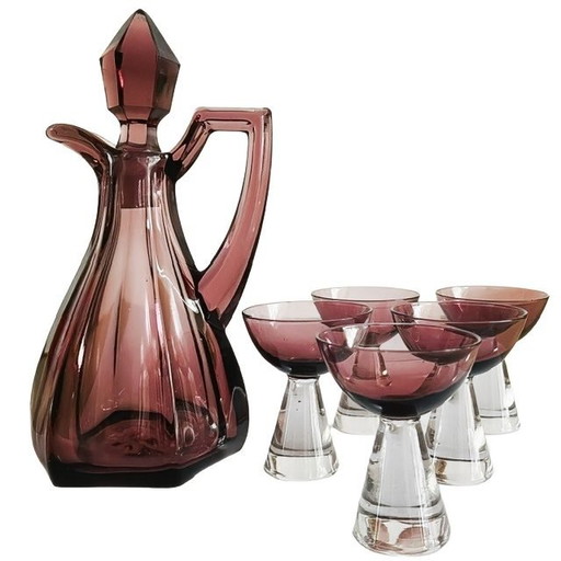 Juego de 6 jarras de cristal estilo Art Déco vintage, color morado mora, de la década de 1950.