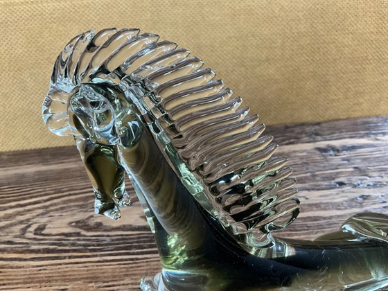 Image 1 of Murano glass reclining horse olive khaki