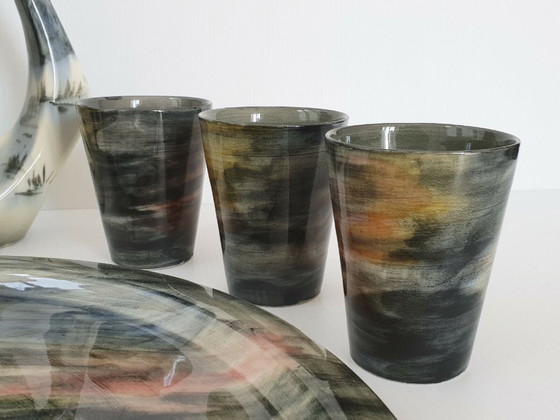 Image 1 of ENSEMBLE 1950 PLATEAU CARAFE & VERRES VINTAGE CERAMIQUE MONACO MONACERA 50S 50'S