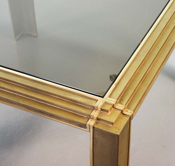 Image 1 of Hollywood Regency Solid Brass Square Coffee Table with Smokey Glass Top Attributed to Peter Ghyczy, 1970s. 