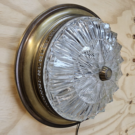 Image 1 of Vintage Ceiling Lamp with Cut Glass and Brass Rim (40cm)