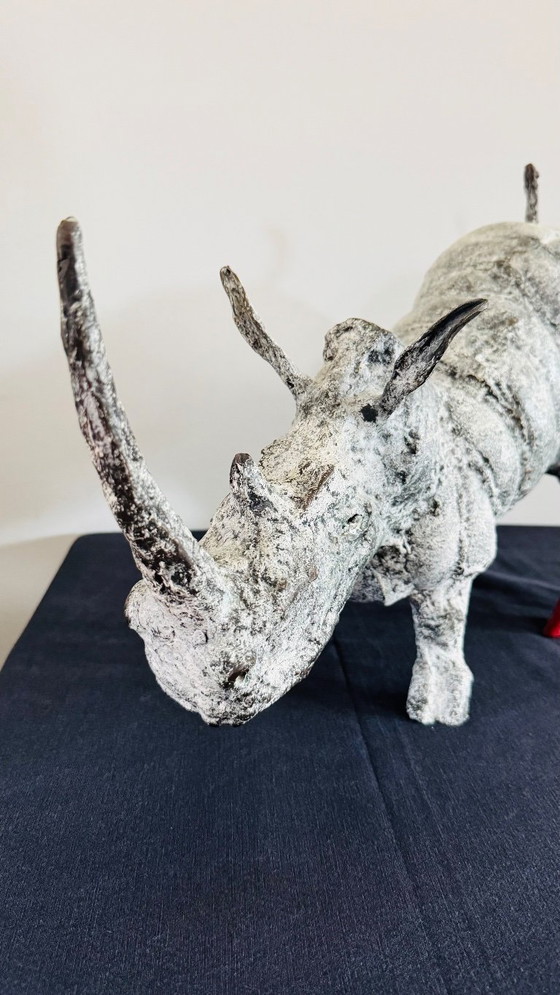 Image 1 of Bronze Rhinoceros statue with matching watercolor painting in cast iron frame