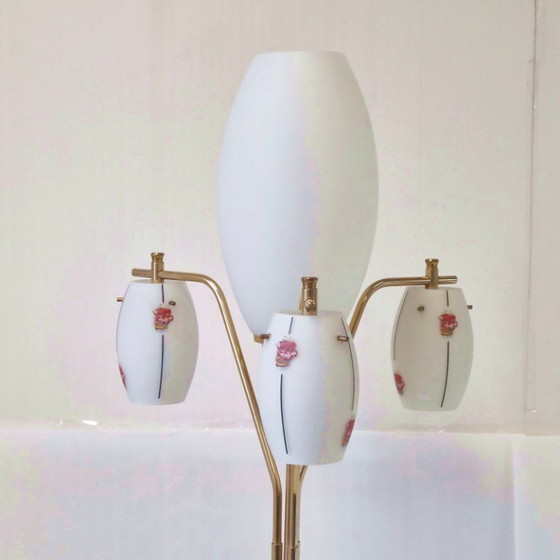Image 1 of Vintage 1950s Floor Lamp by Maison Arlus, Metal, Brass & Opal Glass, 50s Rockabilly
