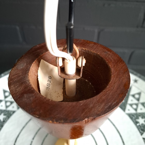 Image 1 of Vintage schaal plafondlamp jaren 50 glas/teakhout