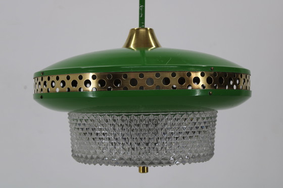 Image 1 of Lampada a sospensione vintage Space Age in metallo verde e ottone per Ludib Bratislava, Cecoslovacchia 1970