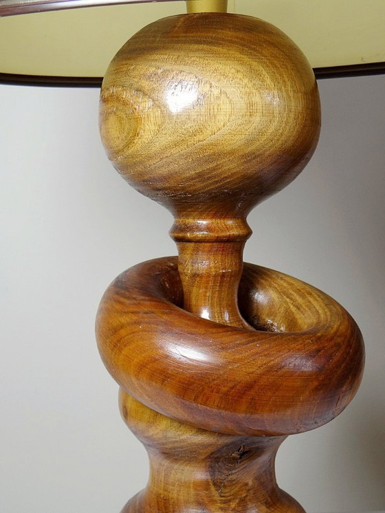 Image 1 of Impressive vintage Scandinavian style lamp, designed in carved turned wood with a ring