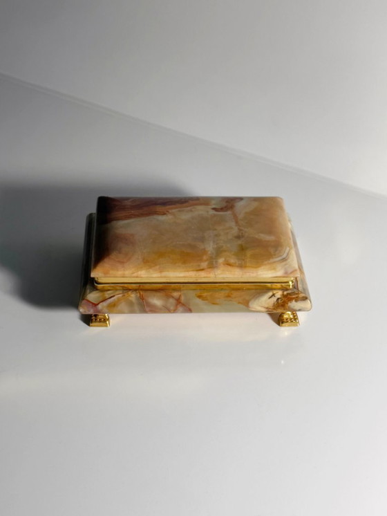 Image 1 of Vintage alabaster marble Italian jewelry box casket cigarette case stone onyx box tin Carrara Italian