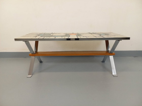 Image 1 of Vintage coffee table from the 60s and 70s in ceramic, chrome metal and wood